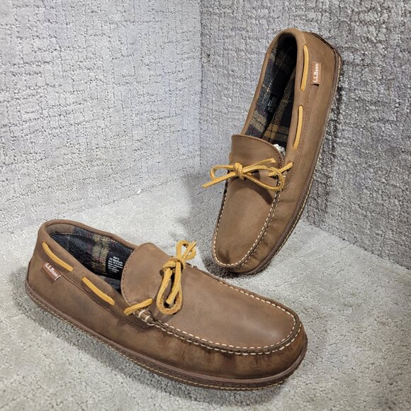 L.L. Bean Men's Size 10M Leather Slip-On Moccasin Slippers Flannel Lined 212164 - Picture 10 of 10